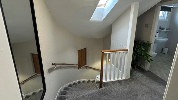 A staircase with a handrail, carpeted steps, a skylight, and a view into a bathroom. - The Tweed (Melrose)