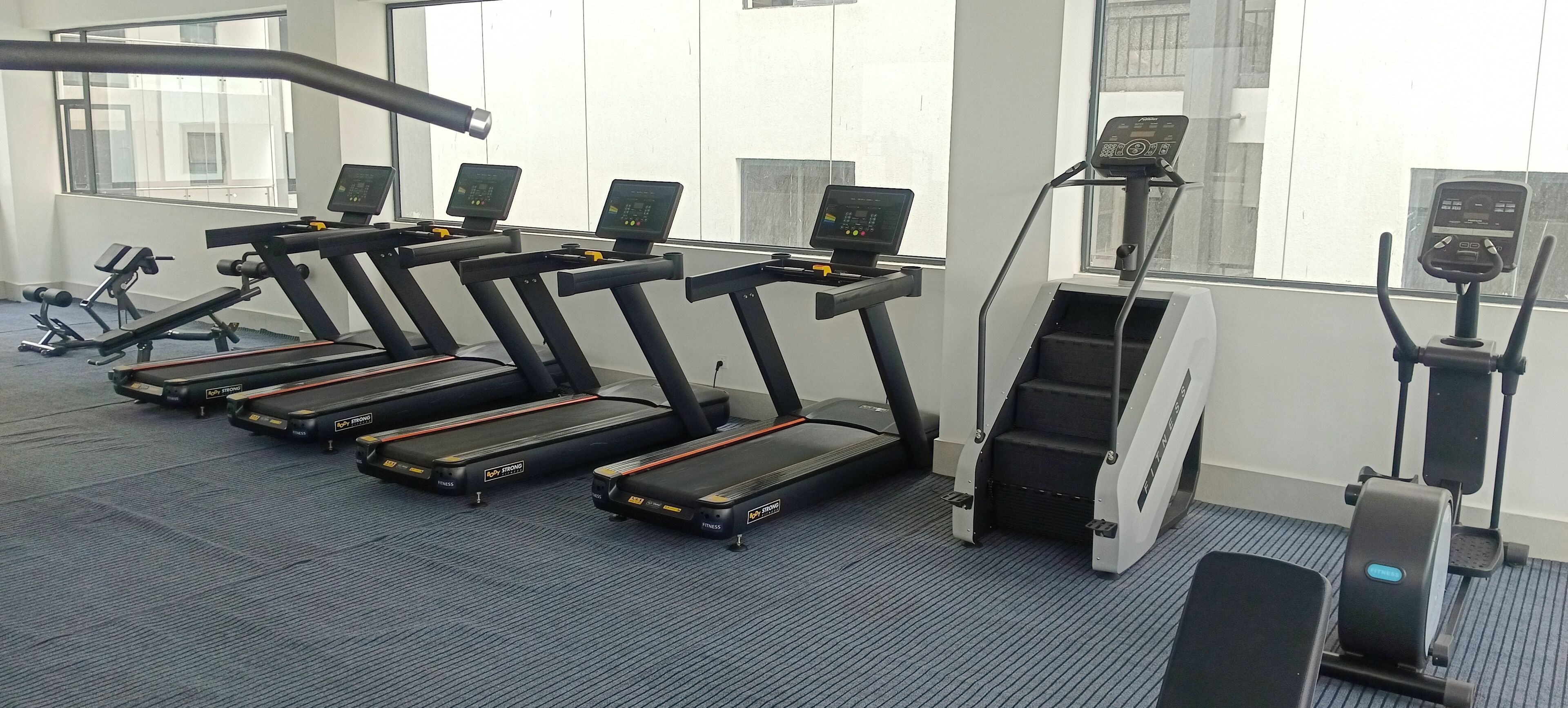 Ein Fitnessstudio mit Laufbändern, Stepper und Krafttrainingsgeräten.