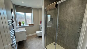 A modern bathroom with a shower, toilet, and vanity. - The Clyde (Melrose)