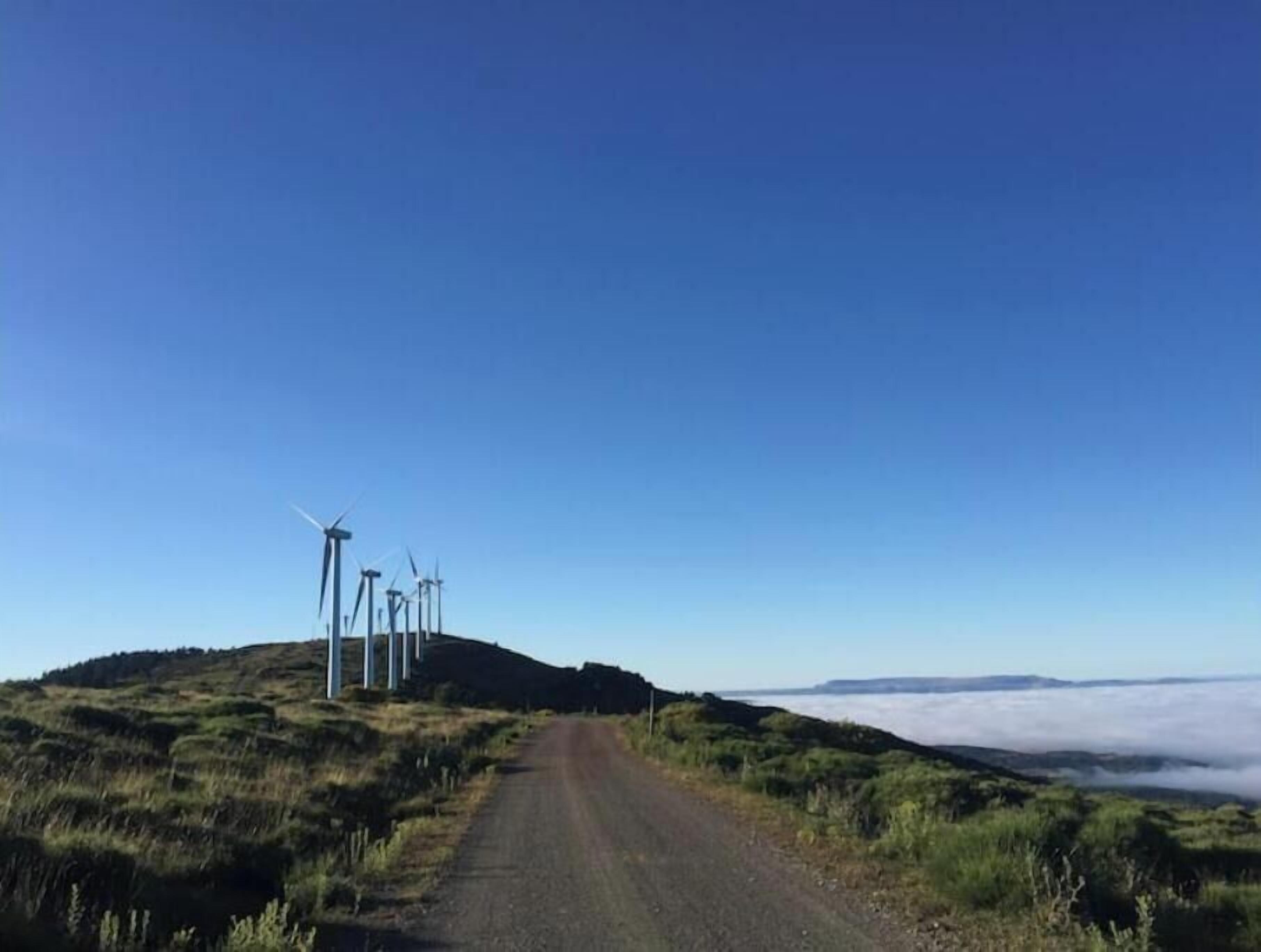 Un camino rural que conduce a molinos de viento en una colina.