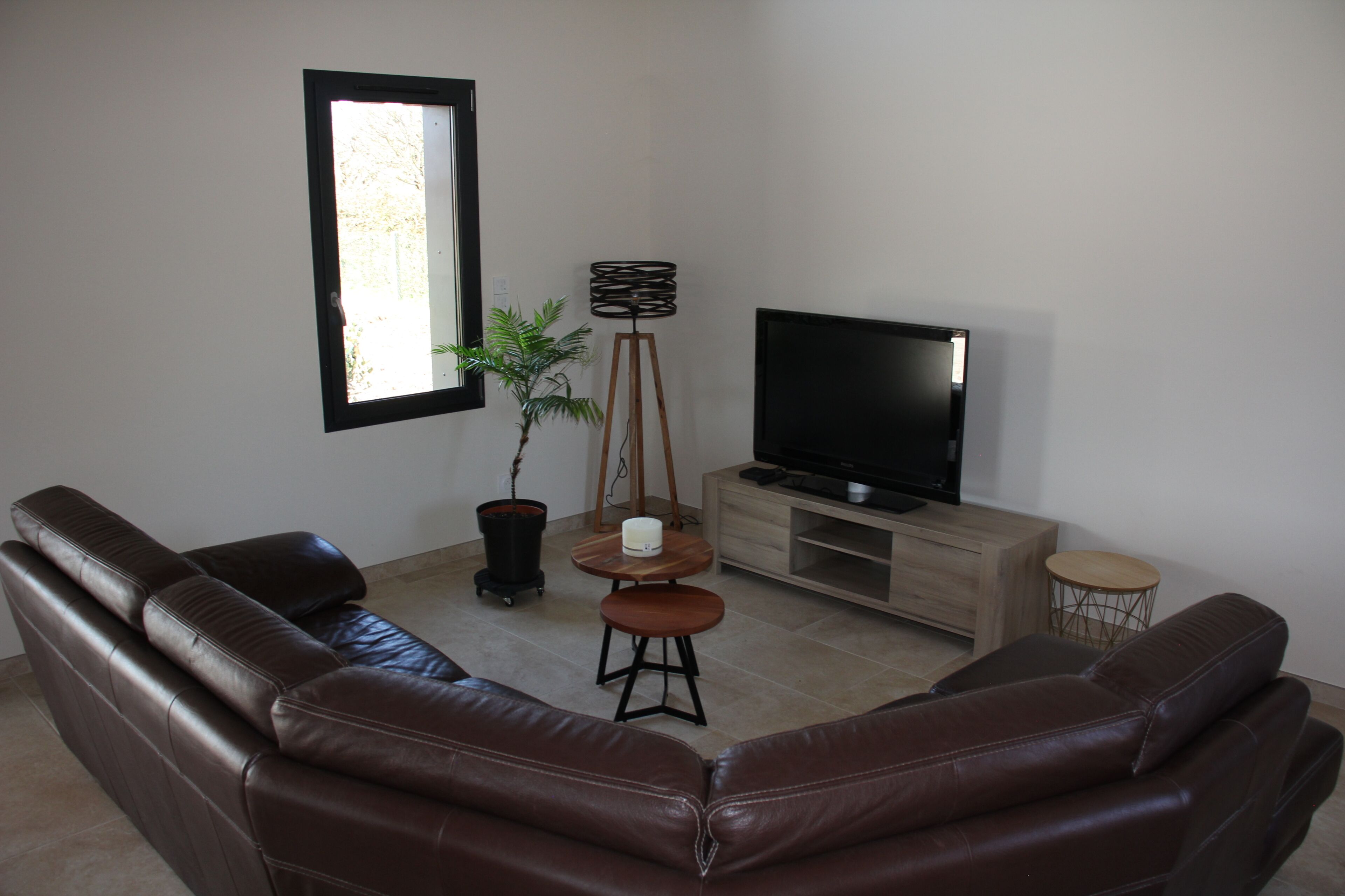A living room with a brown leather sofa, a television, a small table, and a potted plant.