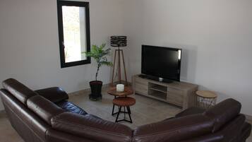 A living room with a brown leather sofa, a television, a small table, and a potted plant.