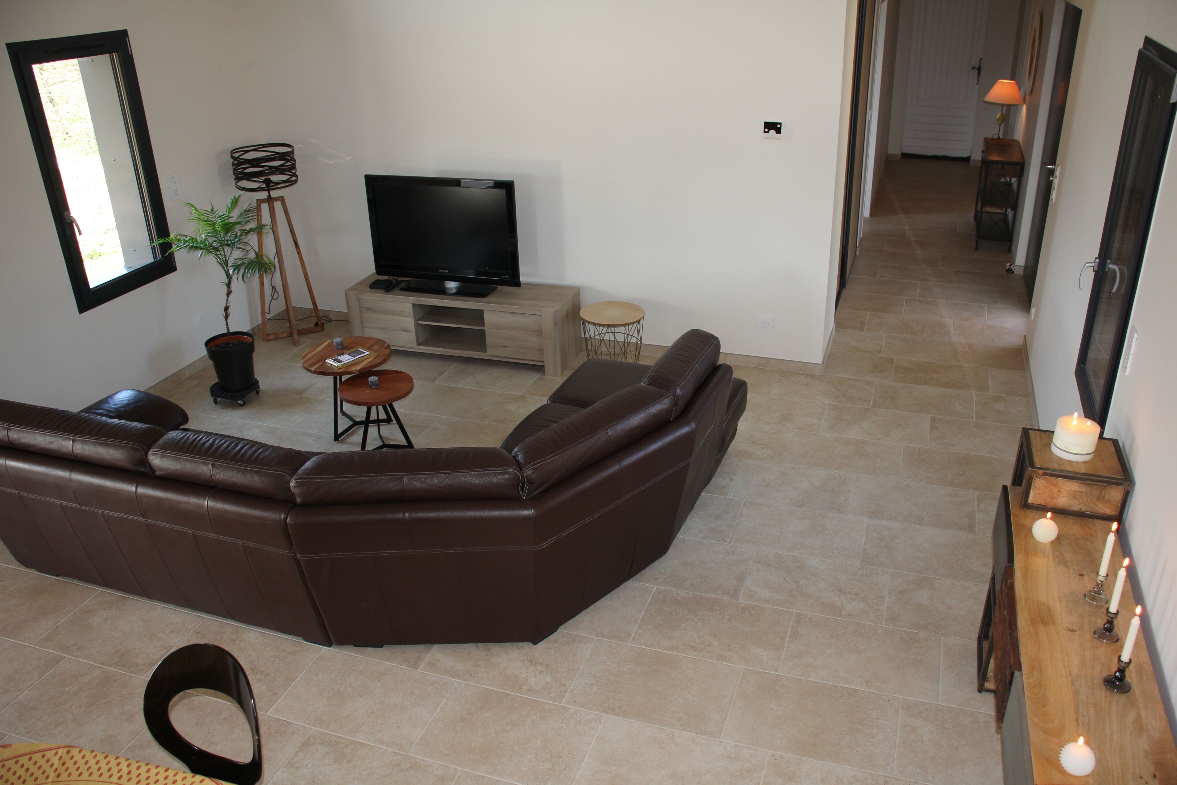 A living room with a sectional sofa, a television on a stand, a small table with a plant, and a lamp on a side table.