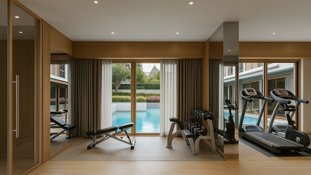Ein großzügiges Hallenfitnessstudio mit Trainingsgeräten und Blick auf einen Pool, ausgestattet mit Holzböden.