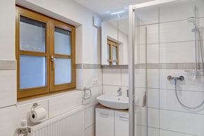 A bathroom with a window, a sink, a mirror, and a shower.