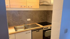Una cocina con un lavamanos de acero inoxidable, una placa de inducción negra, un lavavajillas y un horno empotrado.