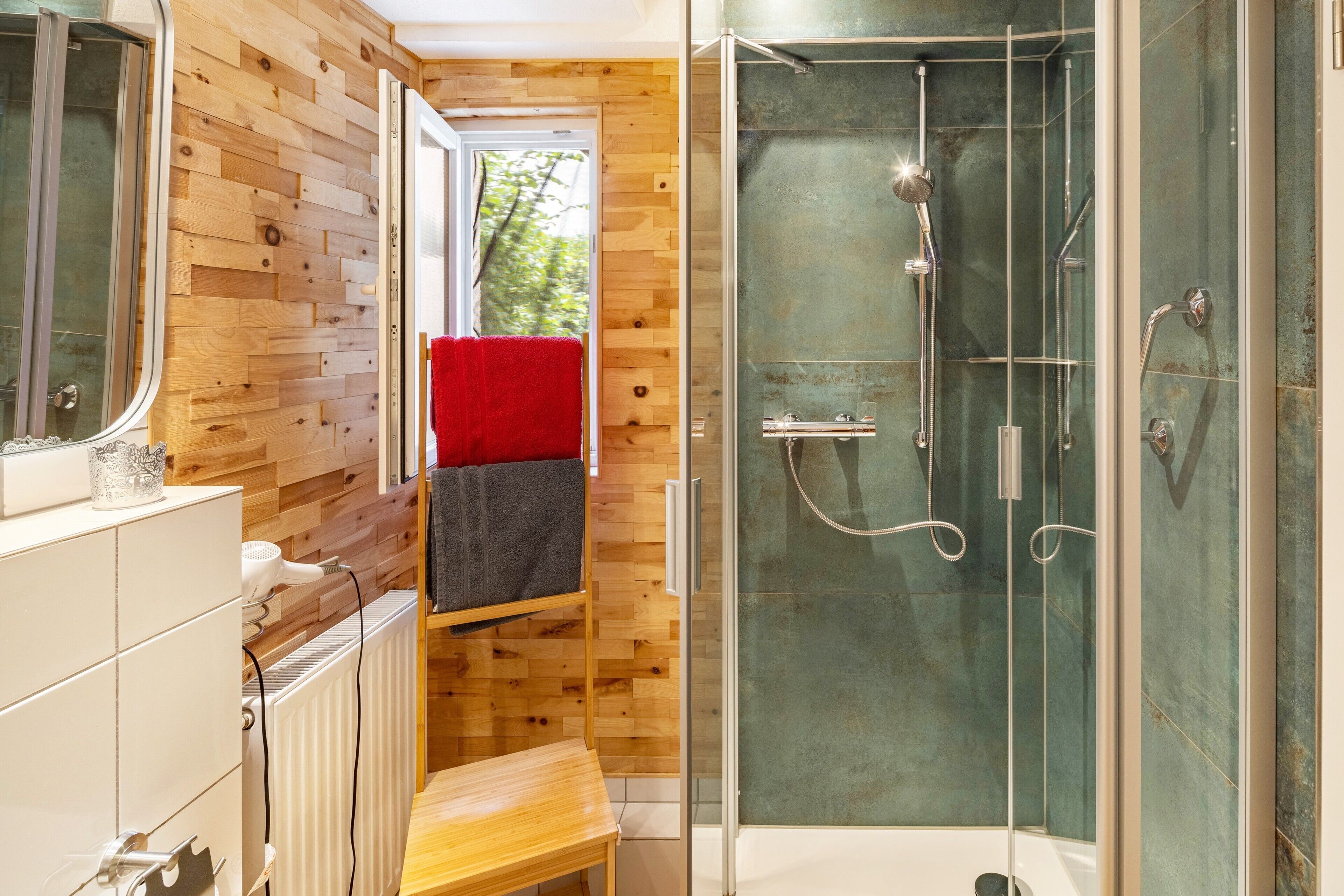 Shower, hair dryer, towels