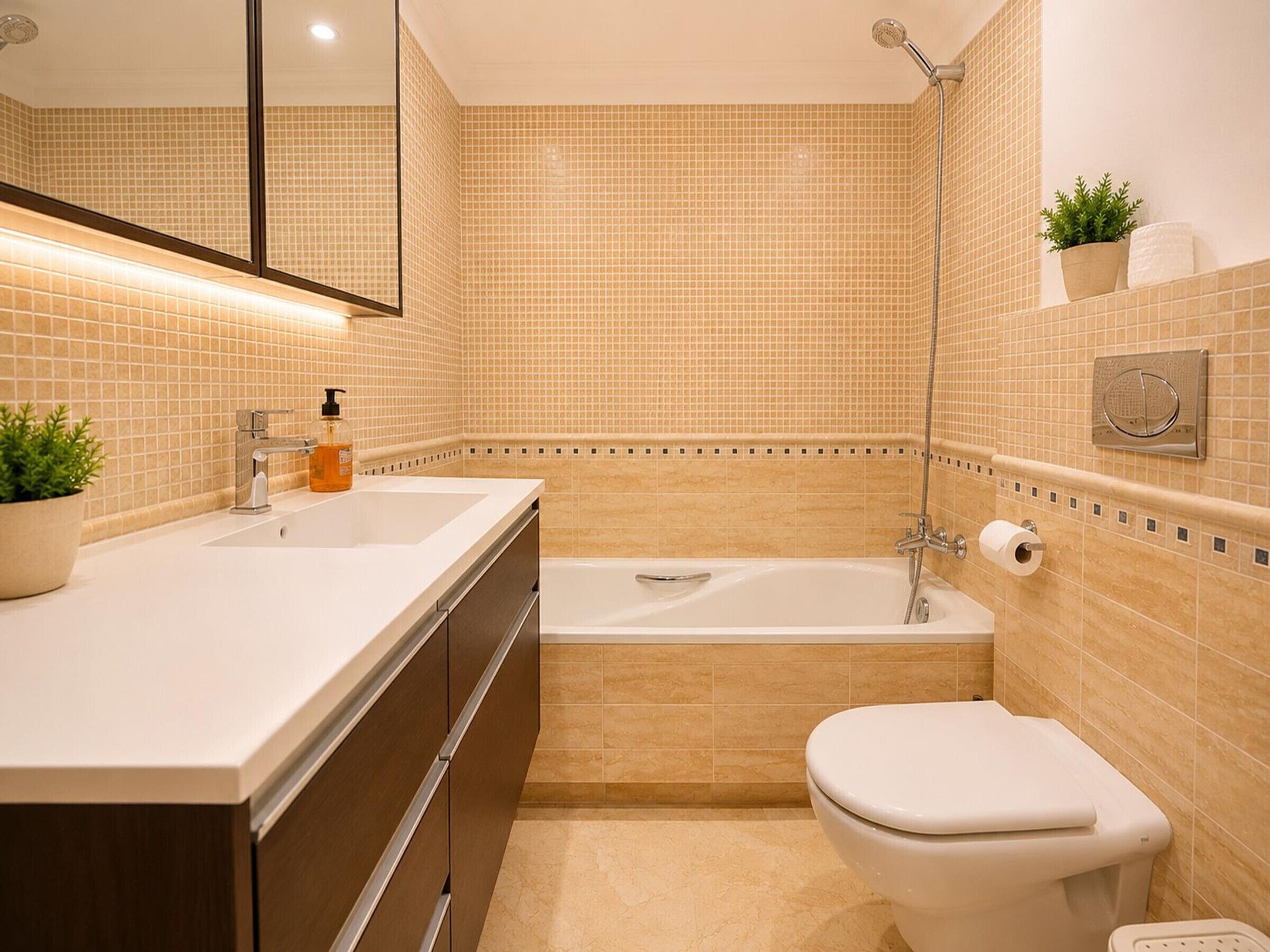 Un baño con bañera, inodoro, lavamanos y espejo.