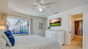 Una camera da letto con un letto, una ventola a soffitto, una televisione, un comò e un bagno visibile attraverso una porta aperta.