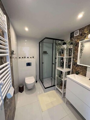 Shower, towels, soap, toilet paper