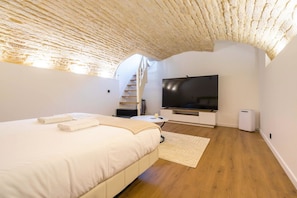 A bedroom with a bed, a TV, a white wall, a wooden floor, and a ceiling with a textured pattern. - Le Caveau Dijonnais – Exceptional Duplex (Dijon)