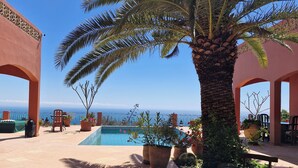 A poolside area with a palm tree, outdoor seating, and a view of the sea.