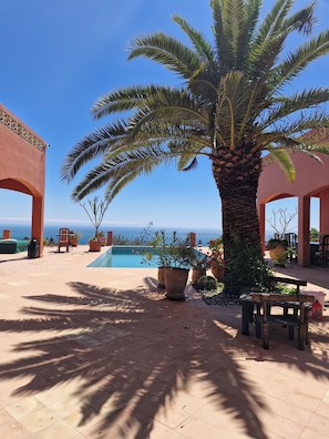 Zona de piscina amb una palmera, mobiliari exterior i vista al mar.