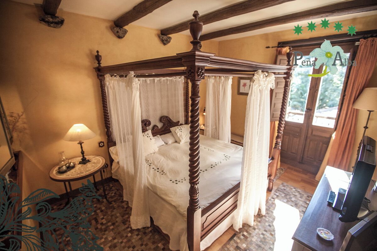A four-poster bed with a canopy, a bedside table with a lamp, and a view of the outdoors through a window.