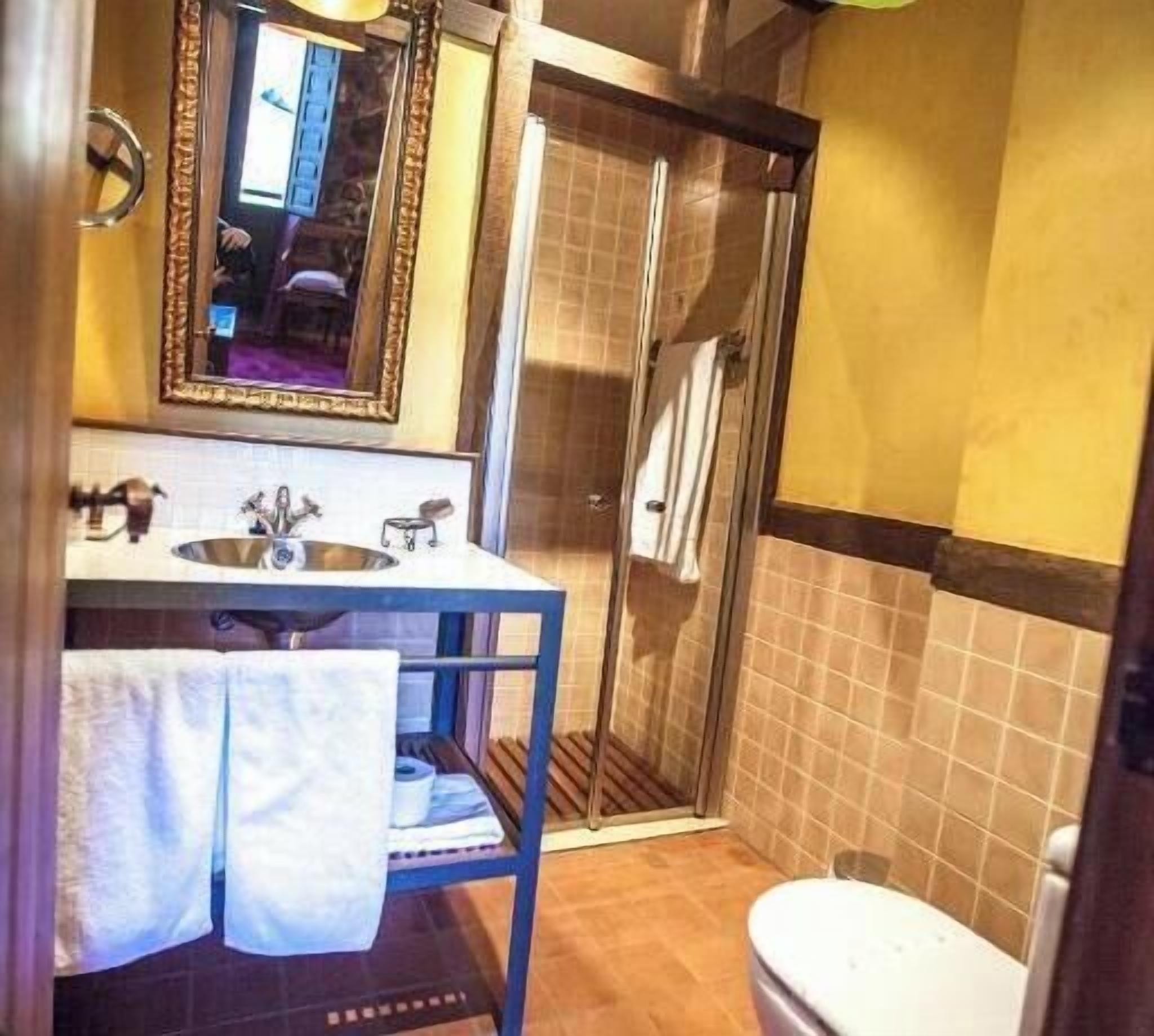 A bathroom with a sink, mirror, and shower.