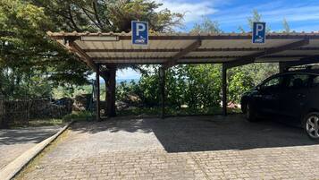 Un área de estacionamiento techada con dos letreros de estacionamiento, un camino pavimentado y un automóvil bajo la protección.