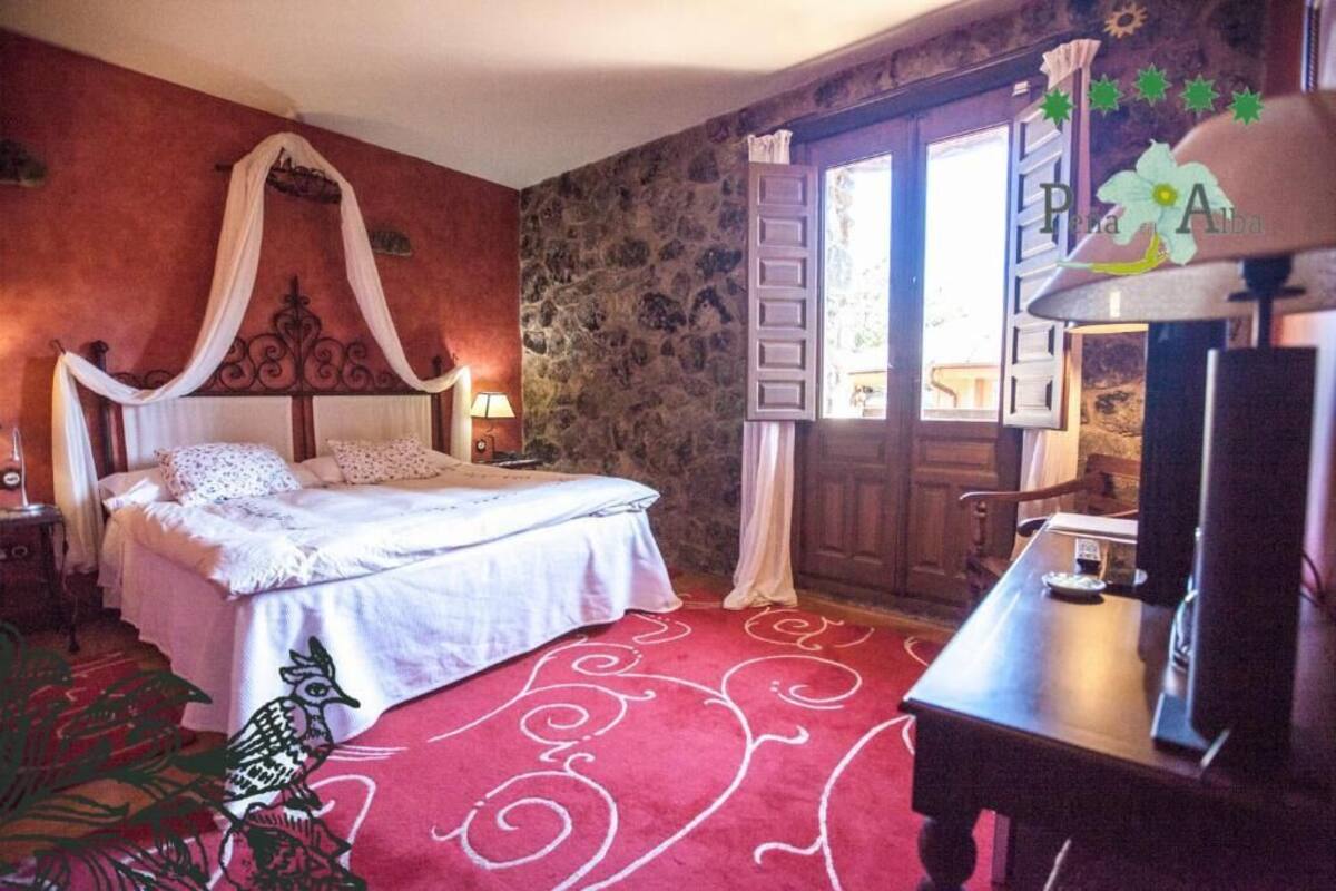 A bedroom with a four-poster bed, a stone wall, a red carpet, and a wooden desk with a lamp.