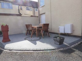 Un patio con mesa y sillas, una planta en maceta y un armario de servicios.