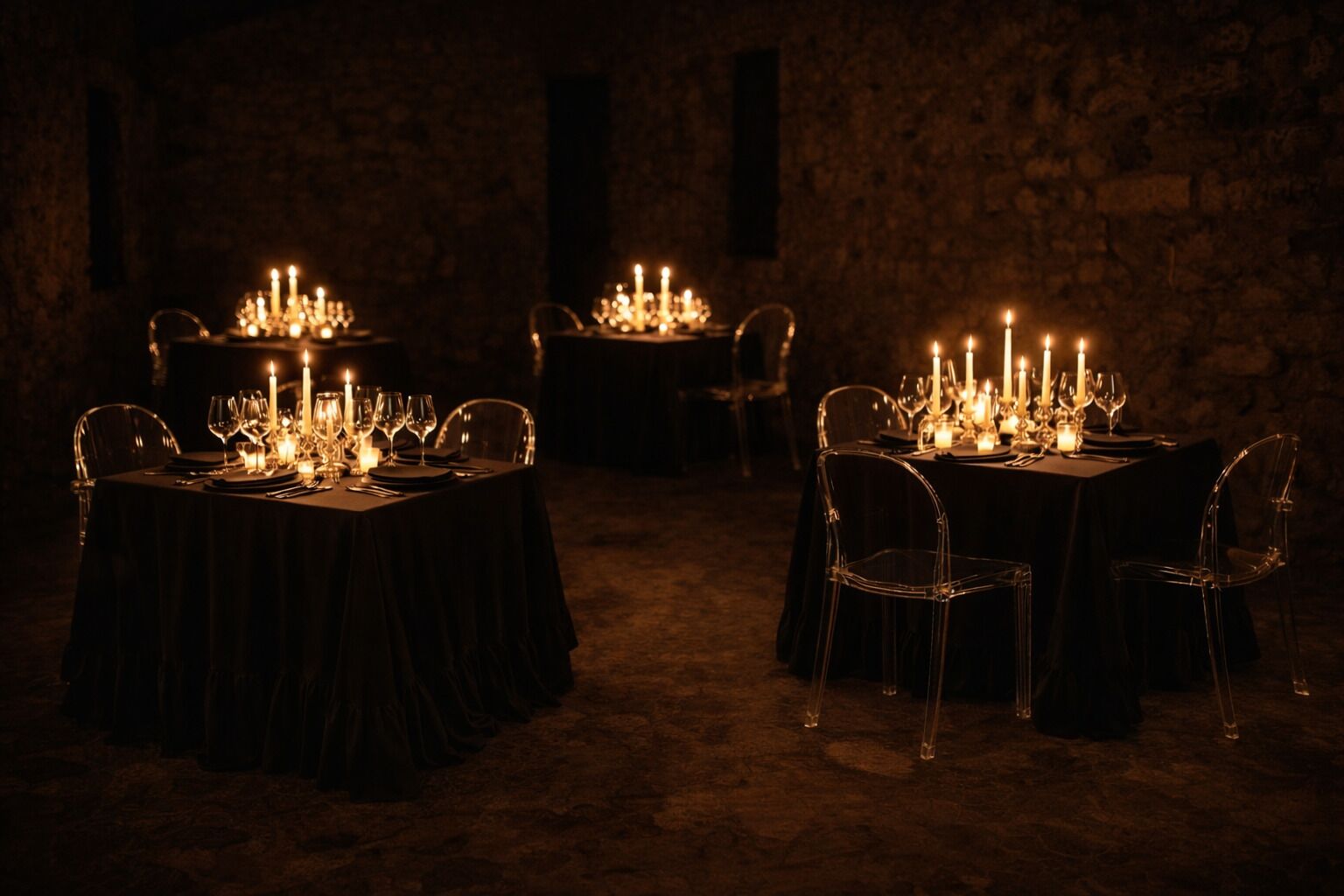 A dimly lit dining area with tables set for four, each with candles, wine glasses, and clear chairs.