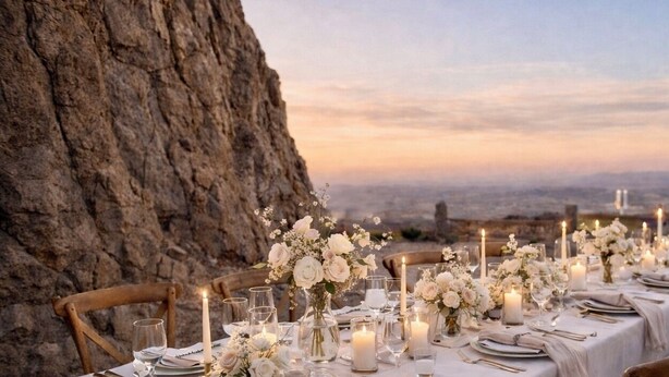 Mesa preparada para una comida con velas y flores, con vista a un paisaje rocoso.