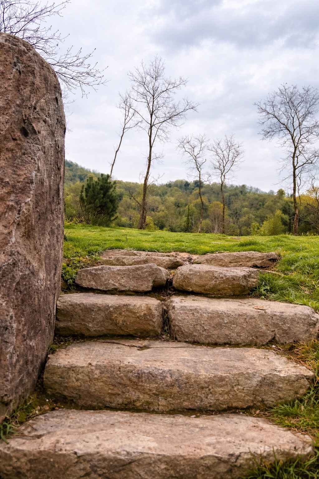 A stone staircase leading up a hill with a forested backdrop.