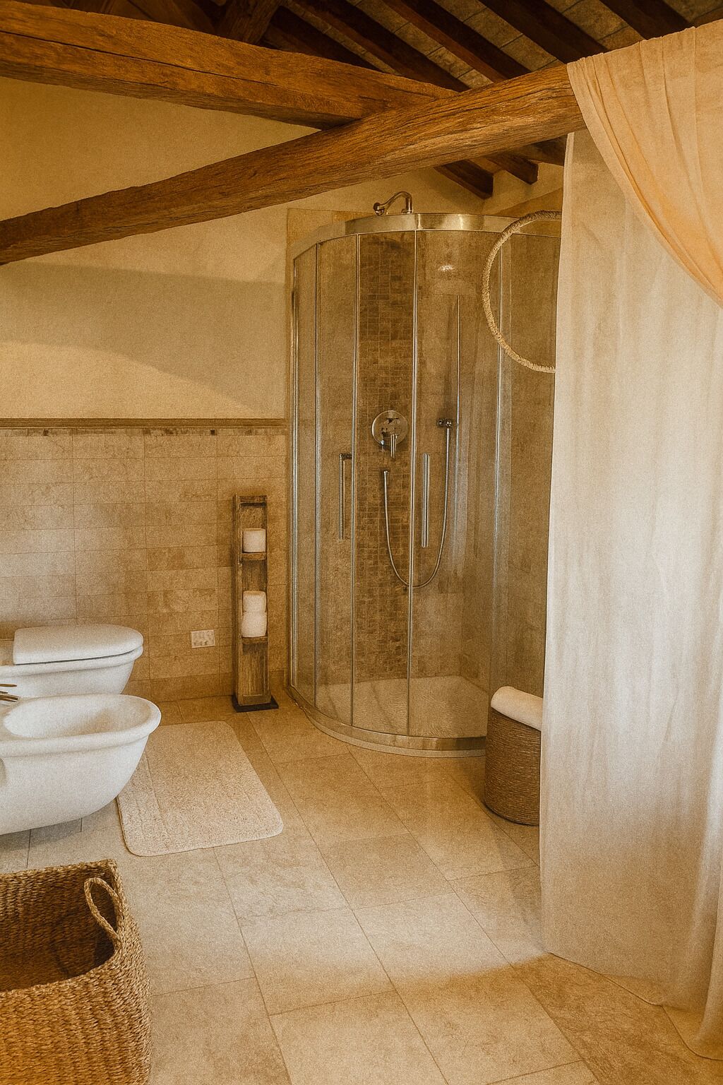 Een douche, een haardroger, een bidet, handdoeken