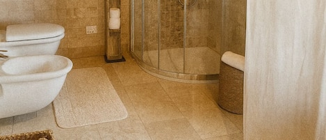 Shower, hair dryer, bidet, towels