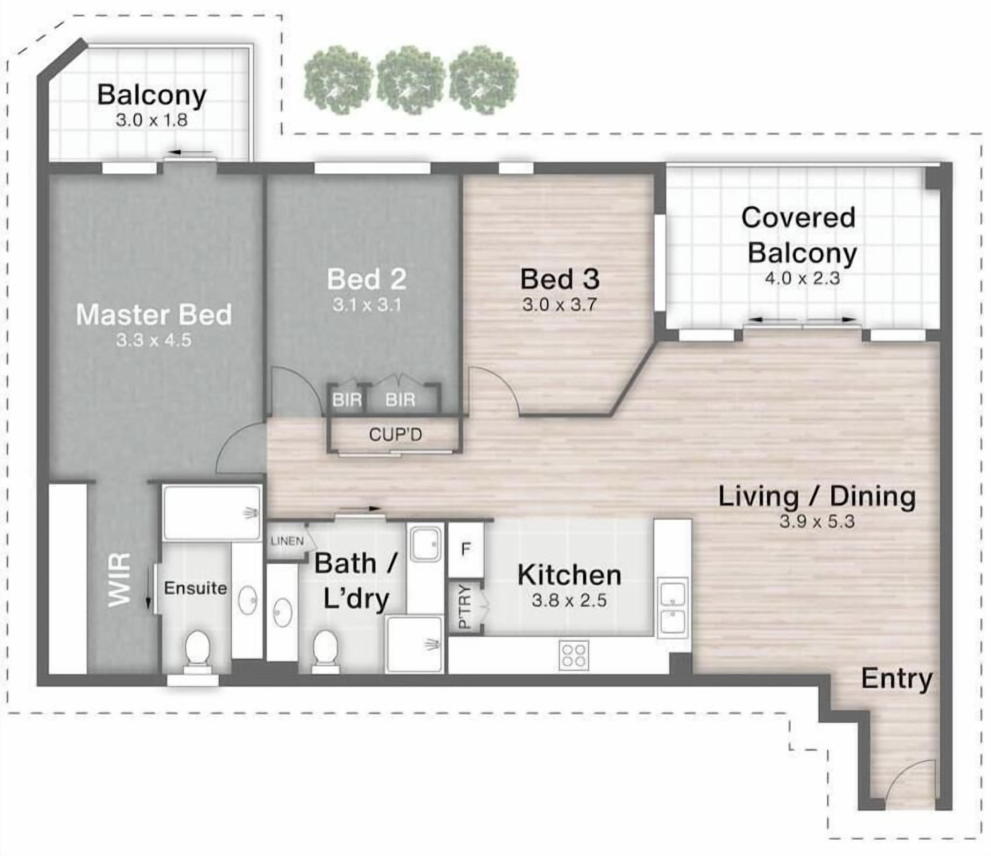 A floor plan with a master bedroom, two single beds, a covered balcony, a living/dining area, a kitchen, a bathroom, and an entryway.