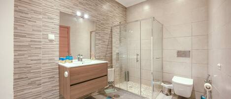 Shower, hair dryer, towels