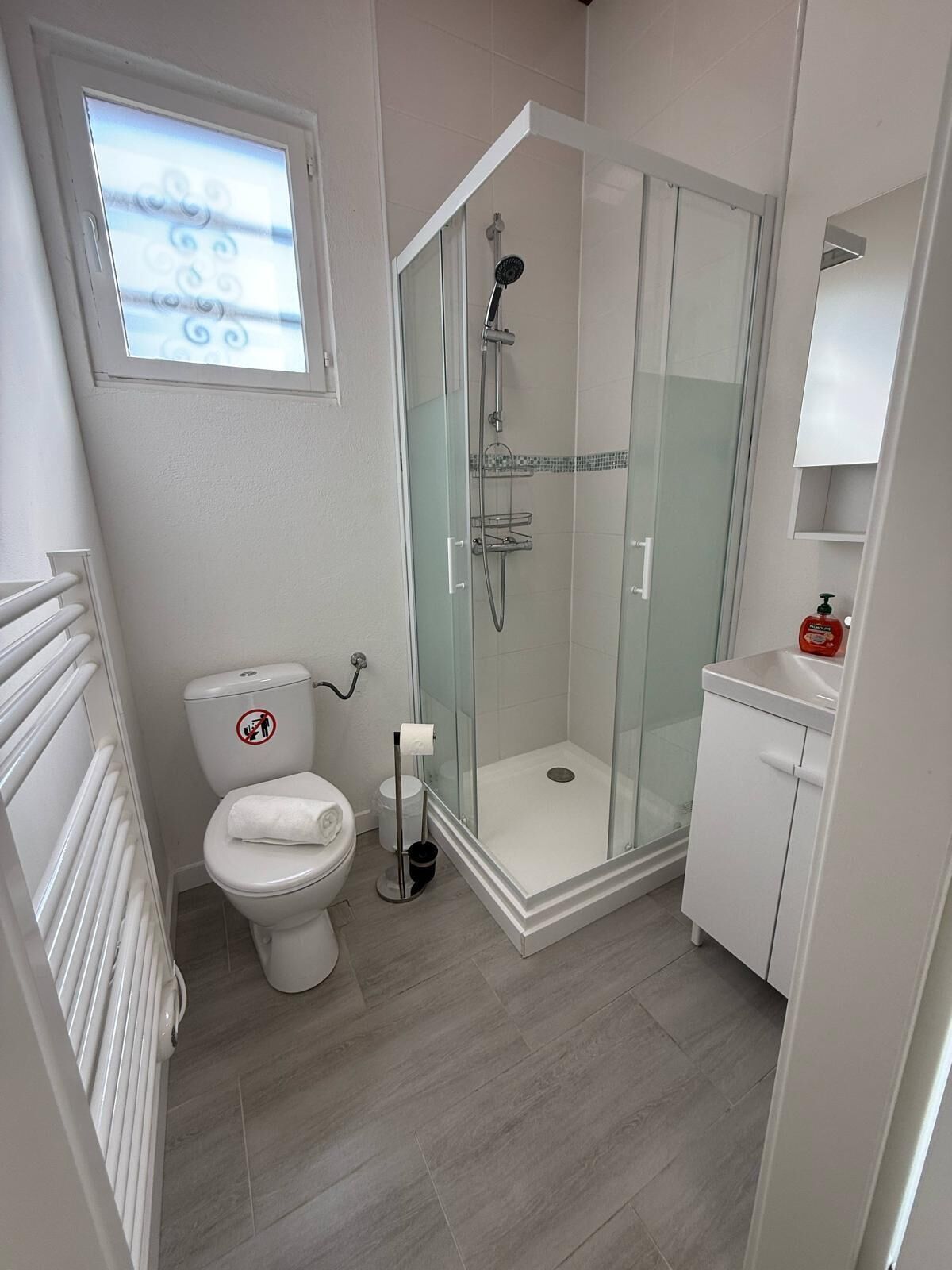 Douche, sèche-cheveux, serviettes fournies, papier toilette