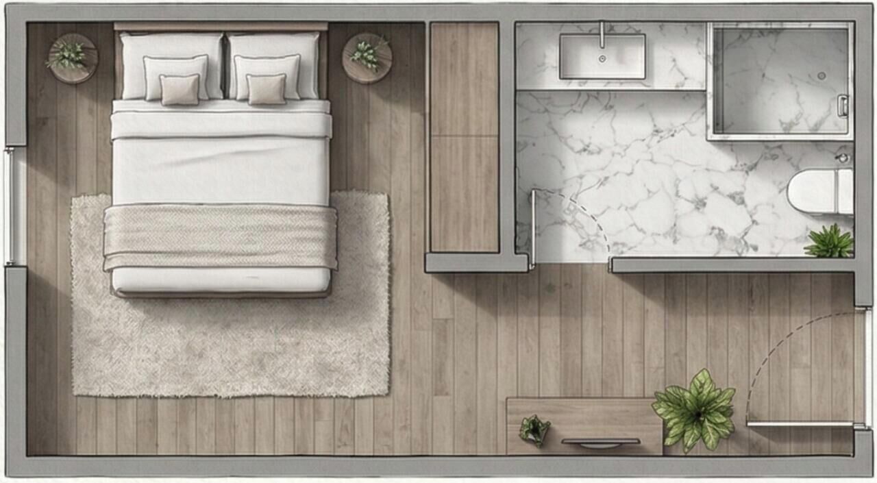 A bedroom with a bed, bedside tables, and a nightstand.