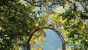 A stone archway leading to a garden area with a stone wall and a wooden fence. - Quinta da Boa Esperança (Torres Vedras)