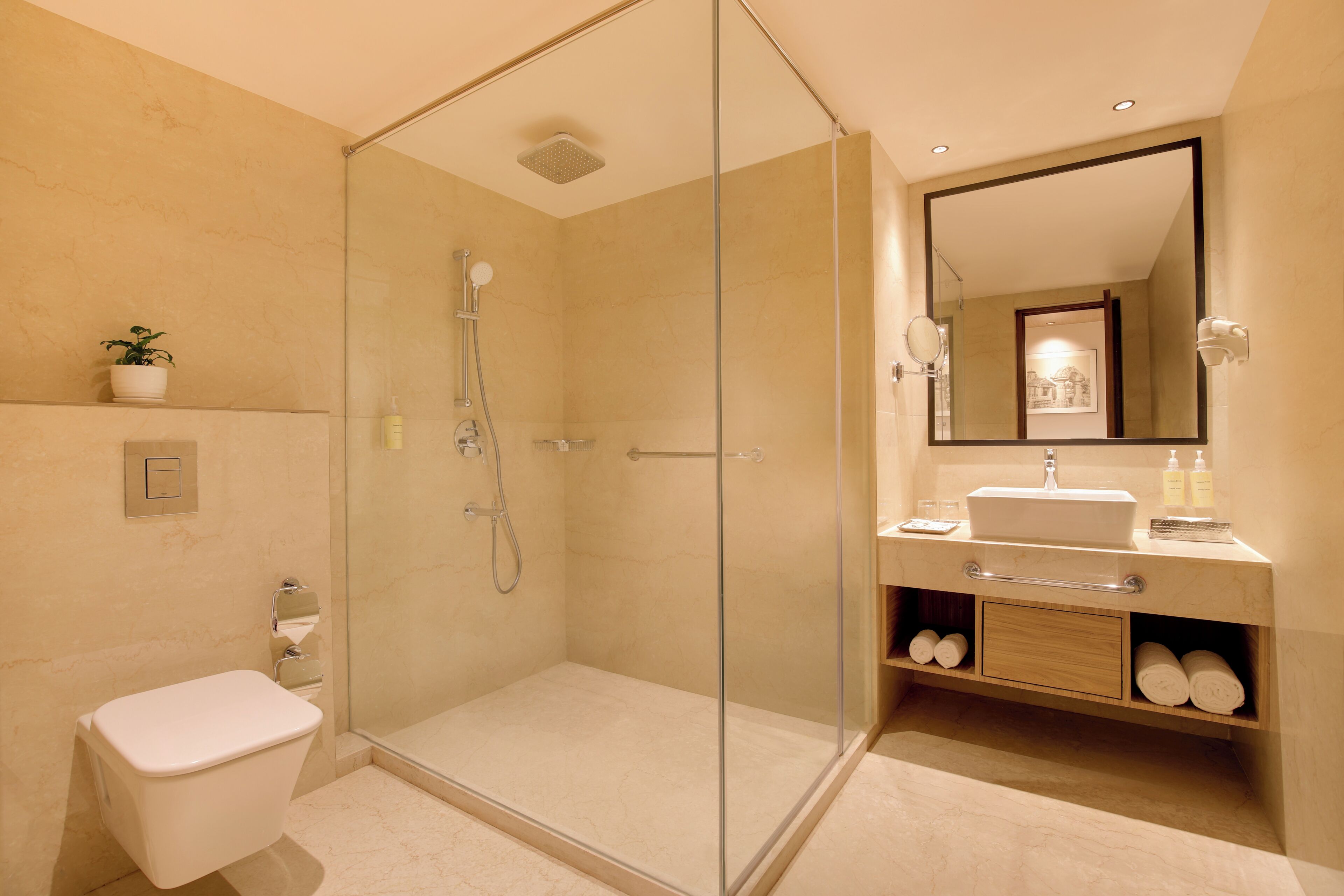 A modern bathroom with a glass-enclosed shower, a white toilet, a vanity with a mirror, and a shelf with toiletries.