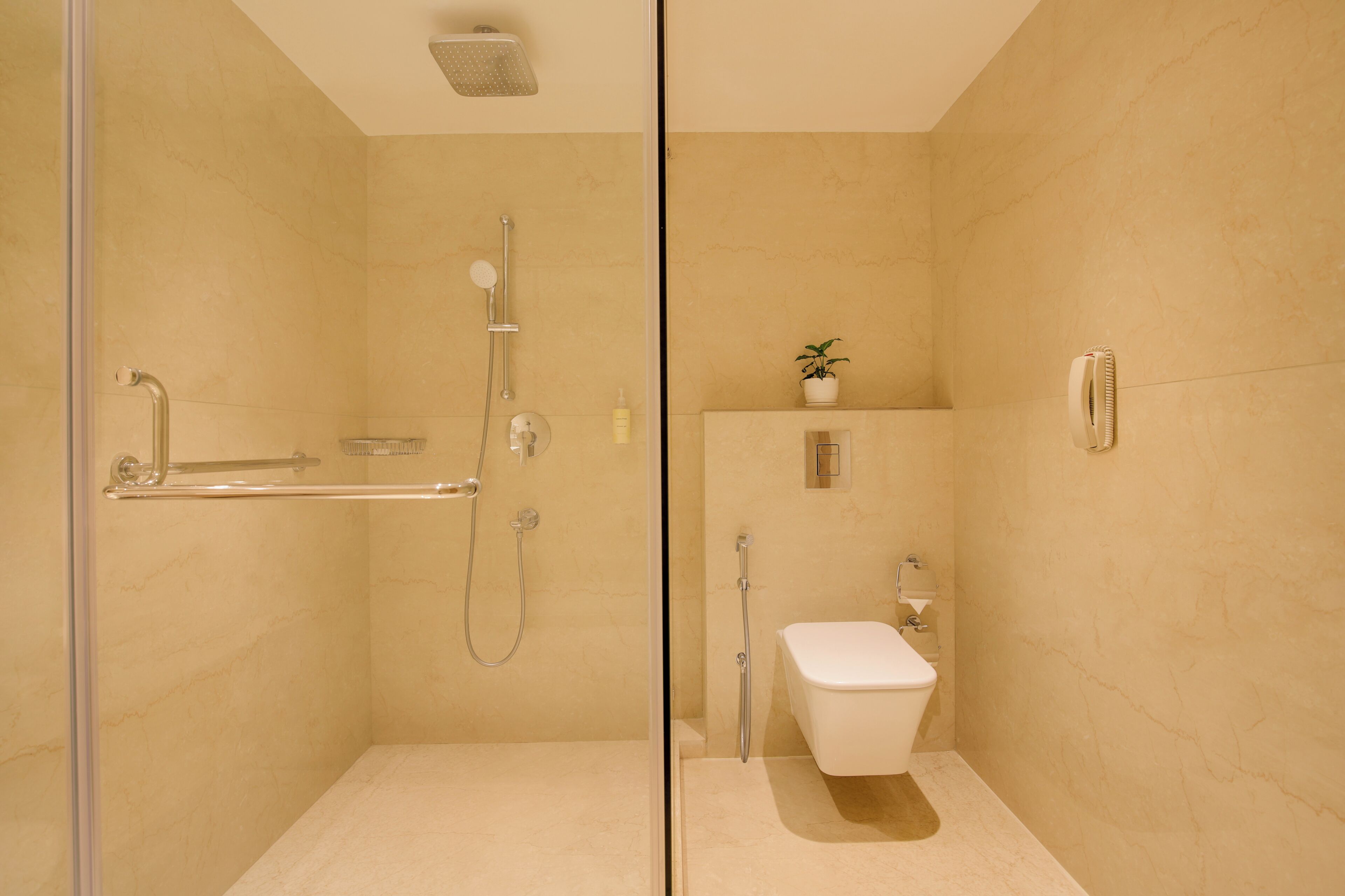 Un baño con ducha, inodoro y un pequeño estante con una planta.