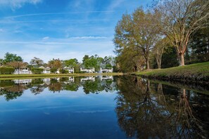 A calm lake reflecting houses, trees, and a clear sky. - TB 71C Carolina Coastal Cozy (Pawleys Island)