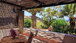 Un área de estar al aire libre con techo, con mesa y sillas, rodeada de exuberante vegetación y vistas al mar.