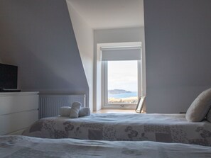 Et soveværelse med seng, radiator, fjernsyn og vindue med udsigt.