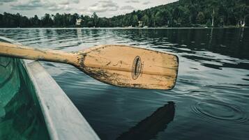 Una pala de madera apoyada en el borde de un bote, con agua tranquila y una orilla boscosa al fondo.