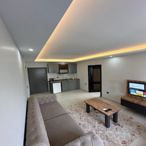 Een moderne woonkamer met een bank, een bijzettafeltje en een televisie.