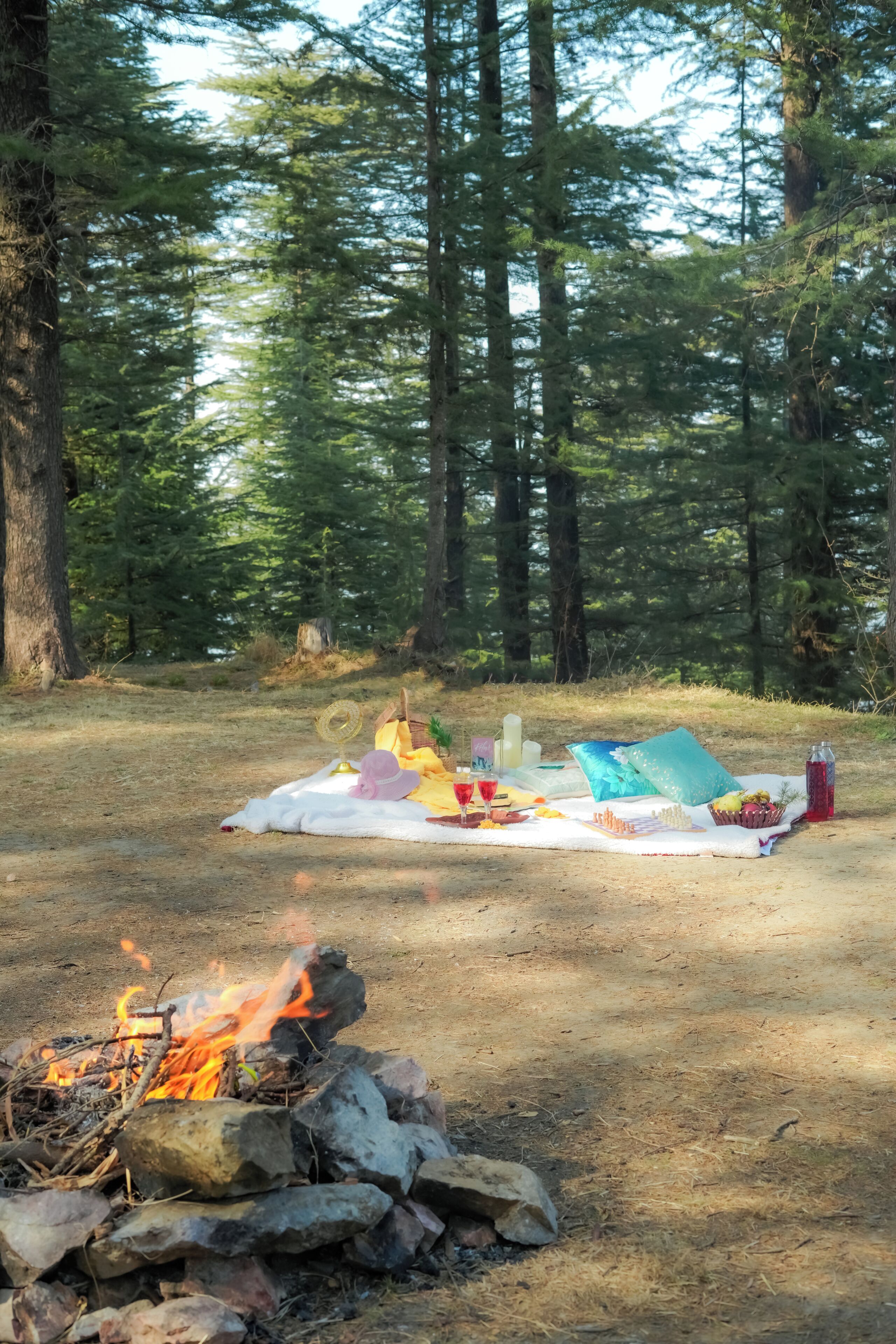 A forest campsite with a blanket laid out, a fire pit, and various picnic items.