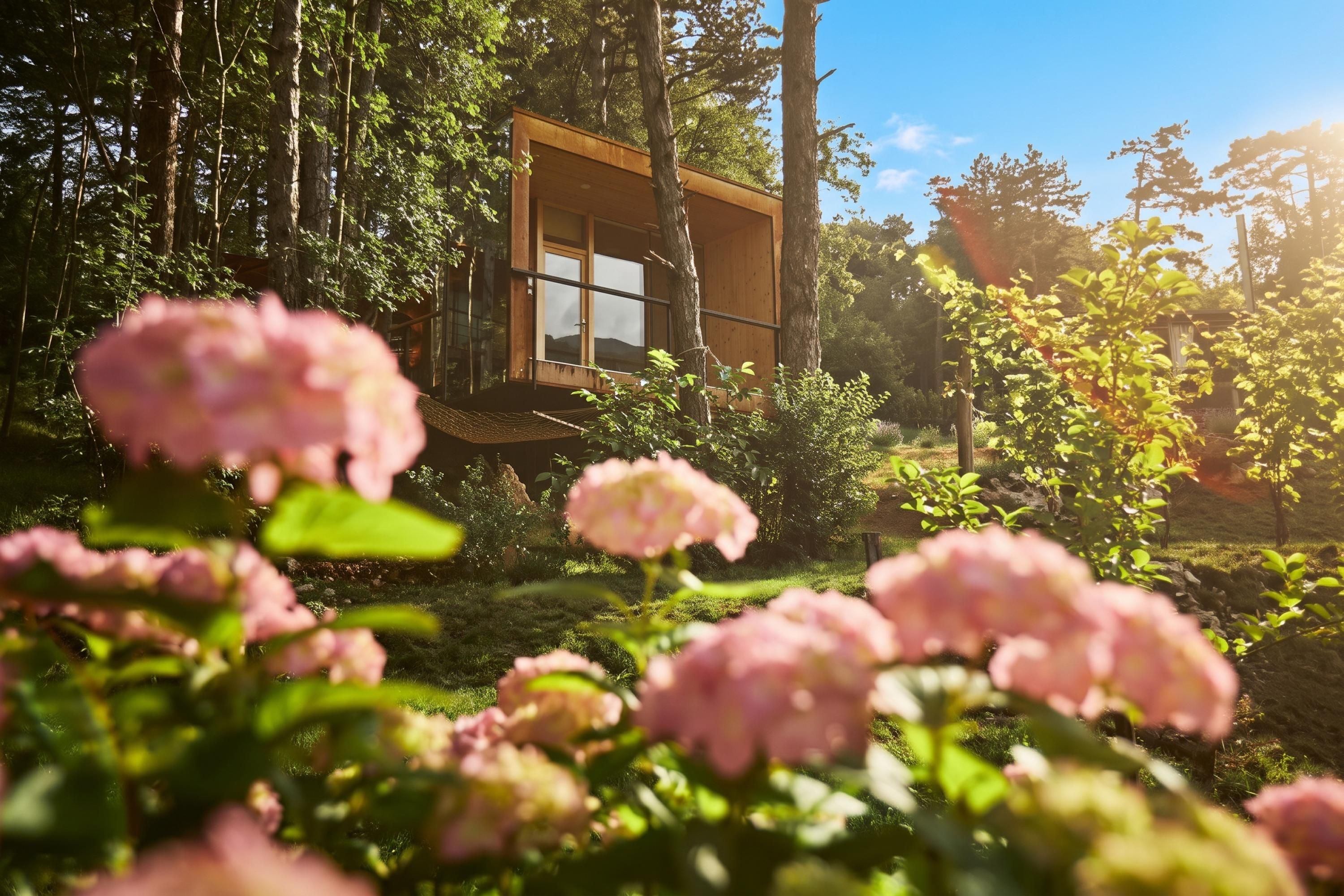 Une cabane en bois dotée d’un balcon, entourée d’une végétation luxuriante et de plantes en fleurs.