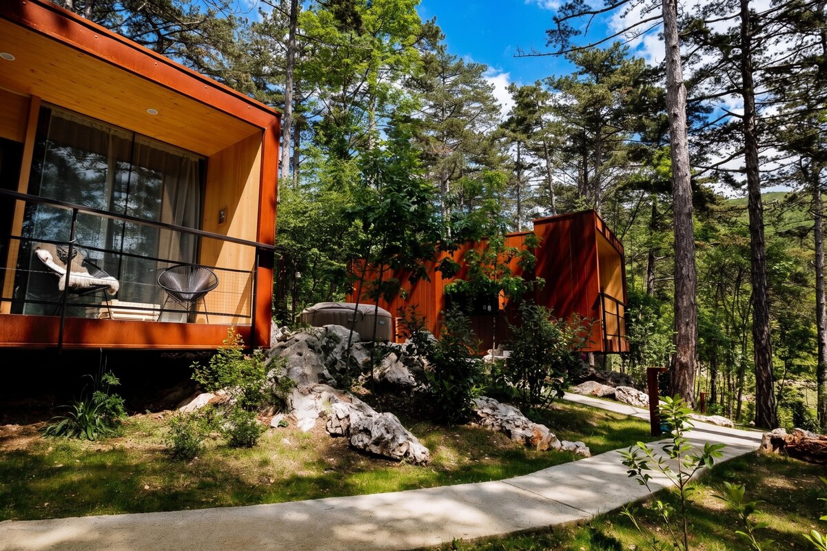 A cabin with large windows, a stone pathway, and a forested backdrop.