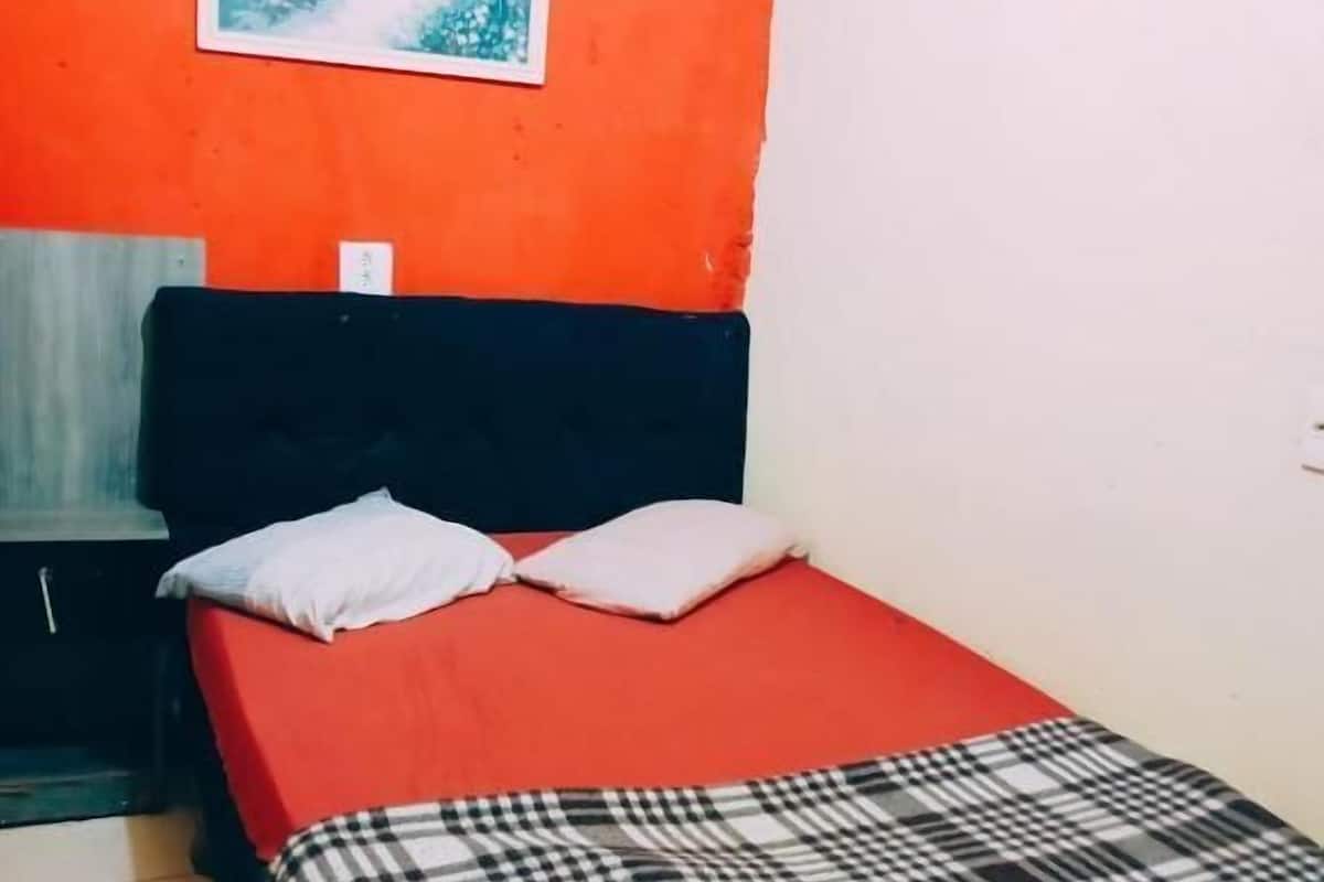 A room with a bed, a red wall, and a painting.