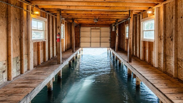 A wooden interior with a central water channel, wooden walls, and windows. - Lakefront, dog-friendly home with dock, paddleboards & firepit (Mineral)
