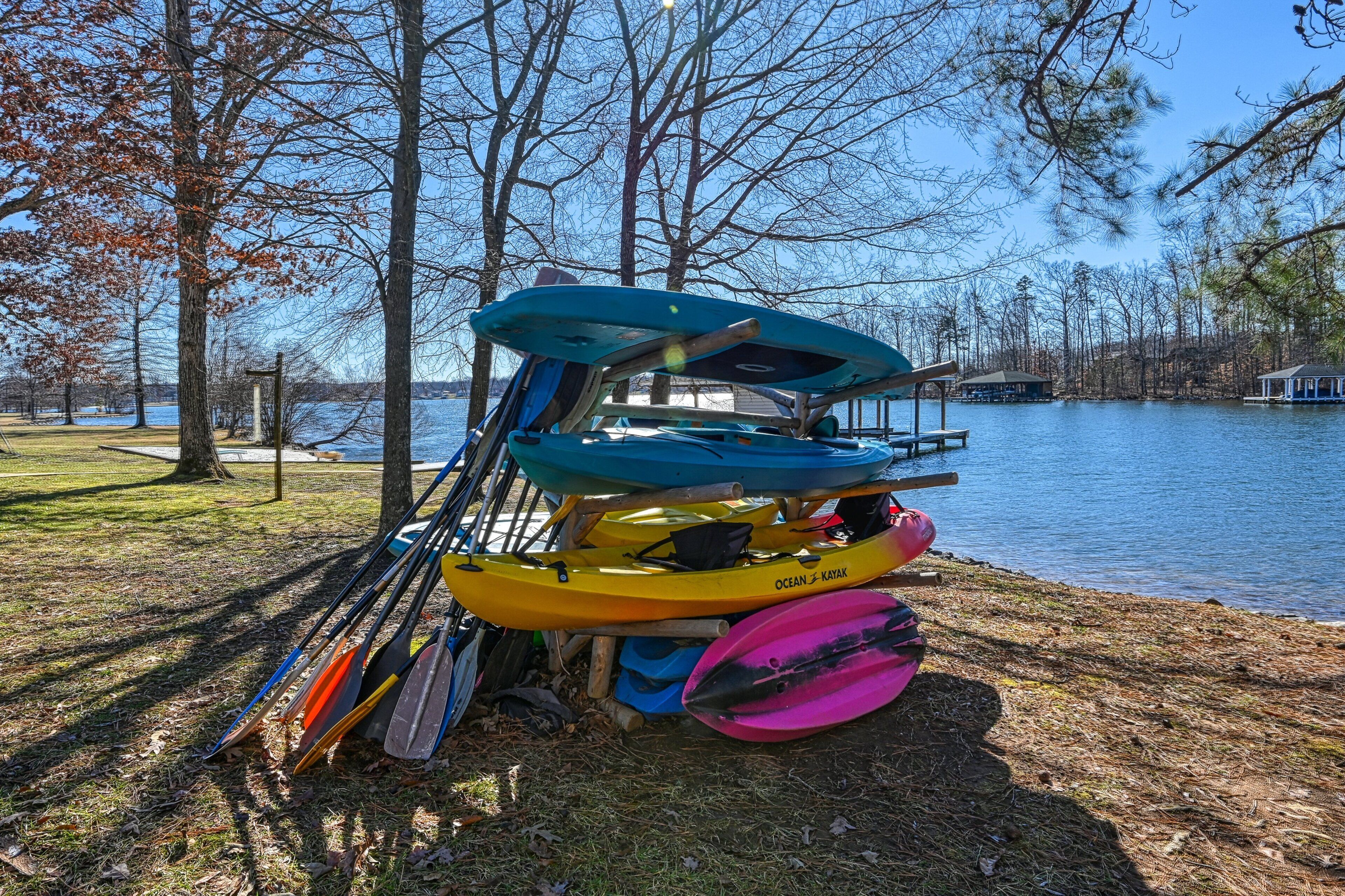 A kayak and paddle leaning against a tree by a lake.