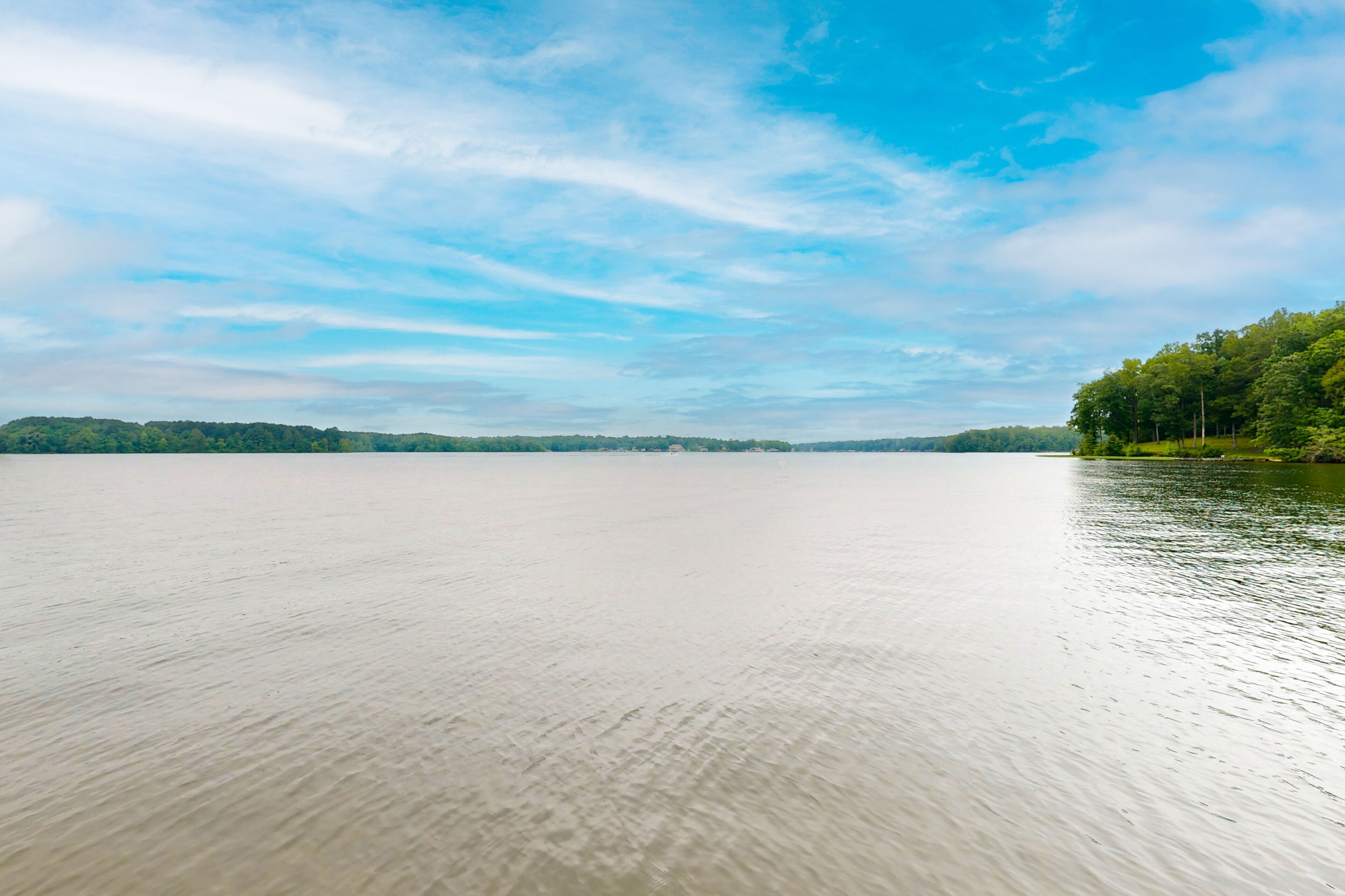 Ein ruhiger See unter einem klaren Himmel, mit einer bewaldeten Fläche rechts.
