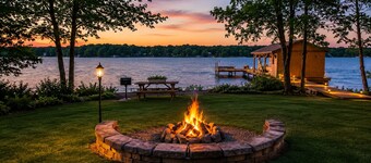 Enchanting lakefront oasis with fire pit, generous patio, dock, & amazing views