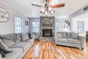 TV, fireplace, books