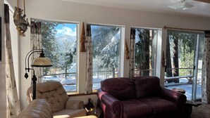 Una sala de estar con un sofá, una silla y un ventanal con vistas a árboles cubiertos de nieve.