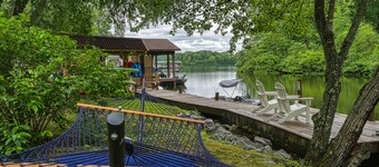 Dog-Friendly lakefront home with dock, game room, kayaks, hot tub, & firepit